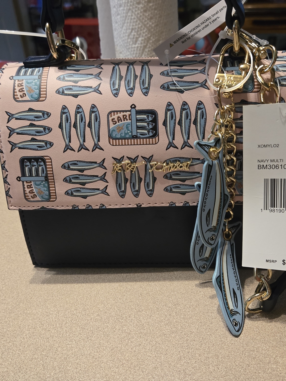 Betsey Johnson Pink and Navy Sardine Print Crossbody with Gold Hardware - Picture 2 of 6